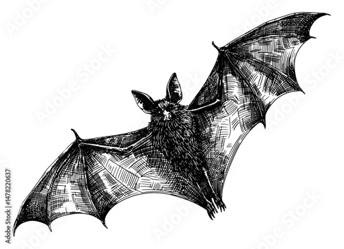 bat in flight with its wings spread wide isolated hand drawn sketch detailed textures dynamic movement fur large pointed ears black white line art detailed vector illustration