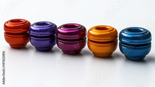 Colorful metallic objects arranged in a row with shiny surfaces and smooth curves