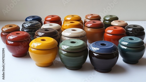 Colorful collection of decorative ceramic pots arranged on white surface