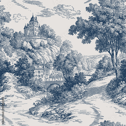 Seamless vector pattern with castles, hills, forests and plains. Traditional old European landscape scene. Vintage engraving style illustration.