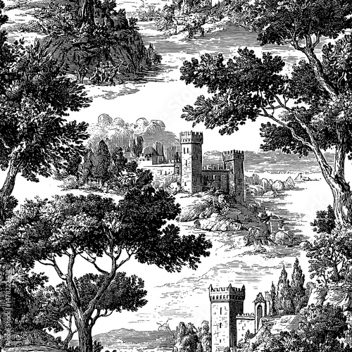 Seamless vector pattern with castles, hills, forests and plains. Traditional old European landscape scene. Vintage engraving style illustration.