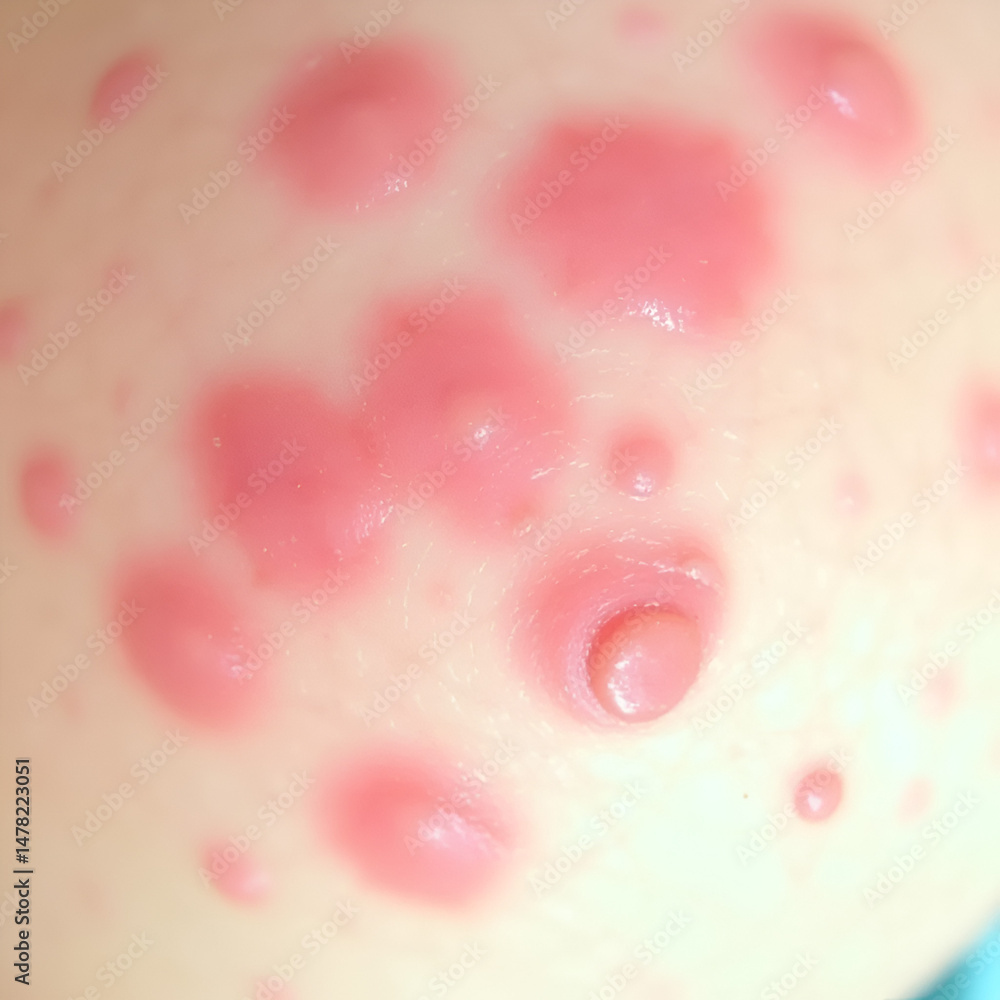 Fototapeta premium Close-up view of inflamed skin exhibiting a cluster of reddish blotches and small papules, suggesting a potential dermatological condition requiring medical assessment.