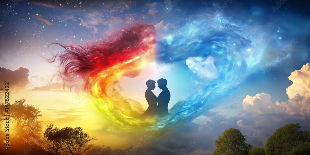 Obraz premium Couple Embracing Inside a Colorful Heart Shaped Nebula at Sunset