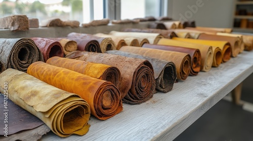 Colorful rolled leather sheets on display in workshop environment