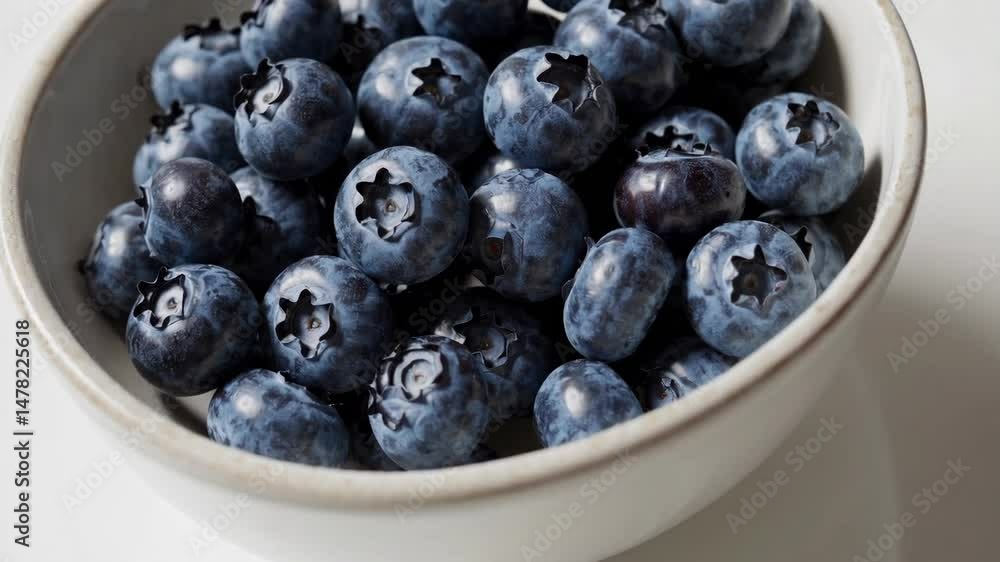 Closeup exploration of fresh blueberries in a ceramic bowl for healthy eating concepts Closeup exploration of fresh blueberries in a ceramic bowl for healthy eating concepts