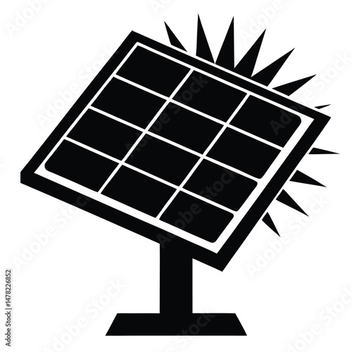 Stylized Solar Panel with Sun Rays Emanating, Renewable Energy Illustration in Black