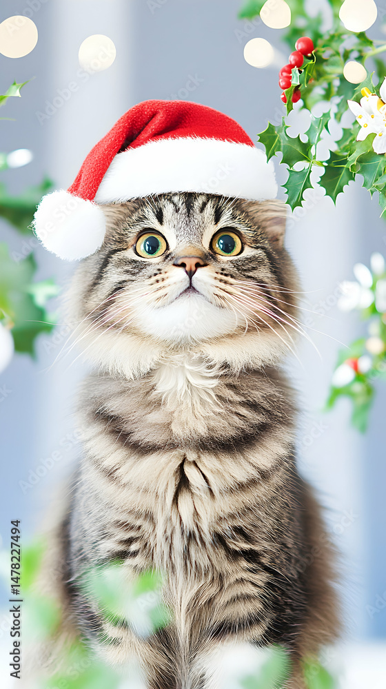 Cute cat wearing a Santa hat, looking surprised Cute cat wearing a Santa hat, looking surprised