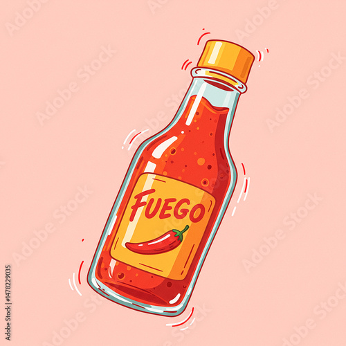 Fuego hot mexican sauce bottle floating on pink background