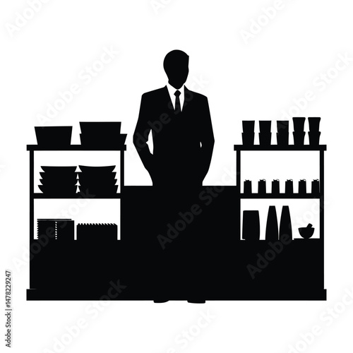 Salesperson with Shop Silhouette Clipart