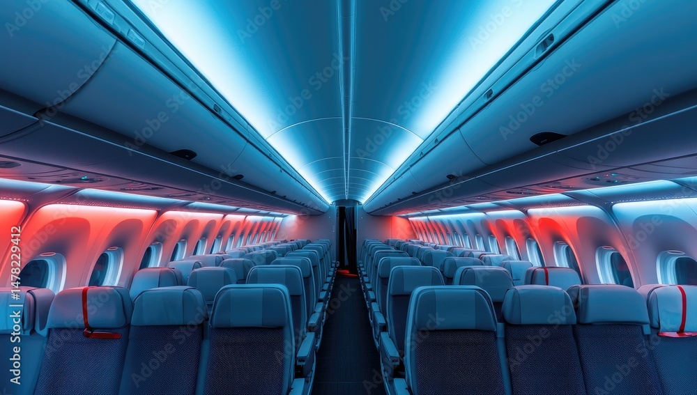 Fototapeta premium Empty airplane cabin lit with vibrant blue and red accent lighting
