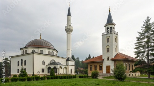 Mosque and church side by side peaceful coexistence harmonious setting