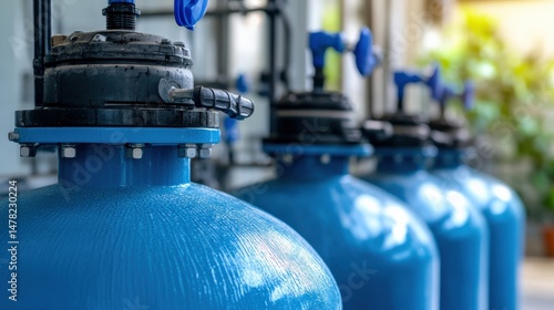 Close up view of industrial water filtration system featuring blue cylindrical tanks