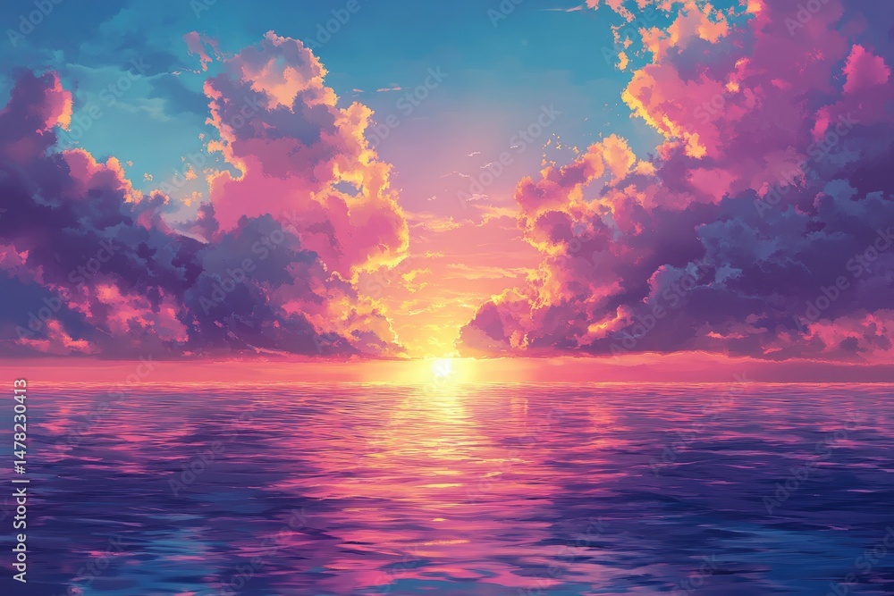 Fototapeta premium Vibrant sunset over tranquil ocean