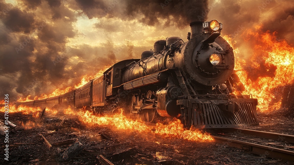 Fototapeta premium Inferno Express. A Vintage Steam Train Engulfed In Flames, Racing Through A Fiery Landscape.