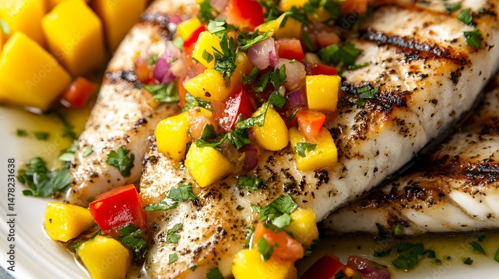 Grilled sea bass fillet served with colorful mango salsa, olive oil, herbs, and spices on a rustic white plate.