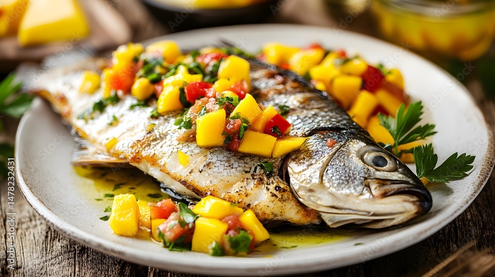 Grilled sea bass fillet served with colorful mango salsa, olive oil, herbs, and spices on a rustic white plate.