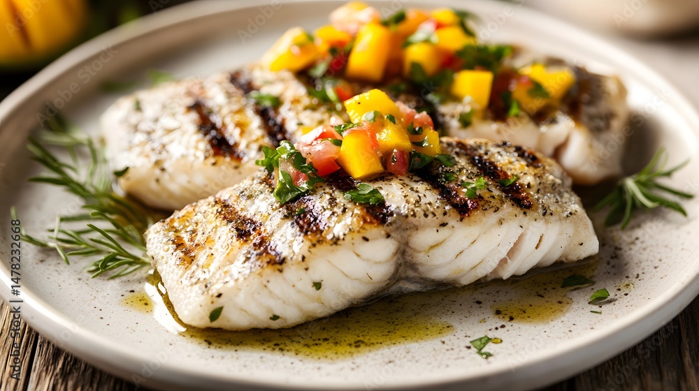 Grilled sea bass fillet served with colorful mango salsa, olive oil, herbs, and spices on a rustic white plate.
