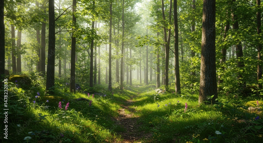 Obraz premium Lush forest path representing natural beauty and tranquility, with sunlight and greenery