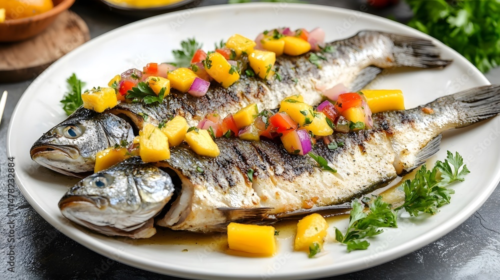 Grilled sea bass fillet served with colorful mango salsa, olive oil, herbs, and spices on a rustic white plate.