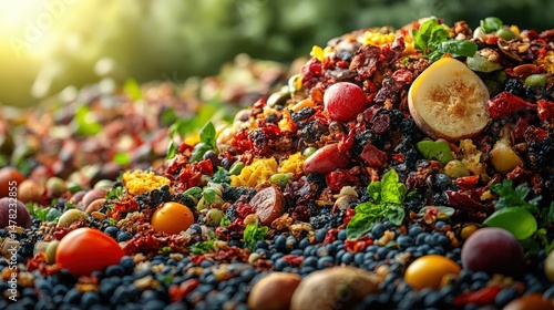 Colorful assorted dried fruits and nuts piled together in natural setting
