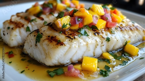 Grilled sea bass fillet served with colorful mango salsa, olive oil, herbs, and spices on a rustic white plate.