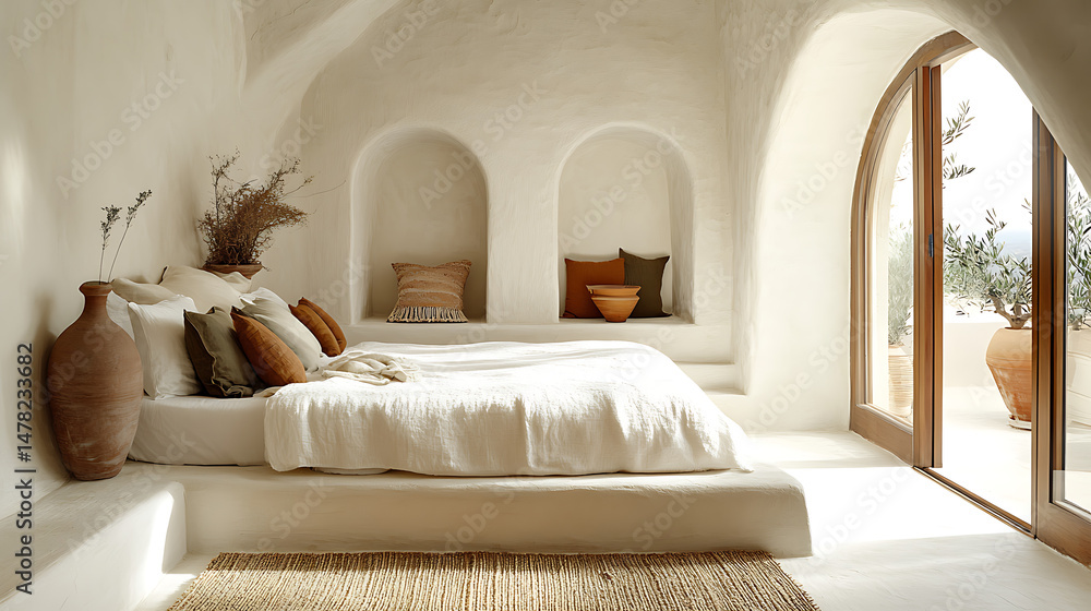 Fototapeta premium Serene minimalist bedroom with natural light, earthy tones, and cozy decor, creating a tranquil atmosphere