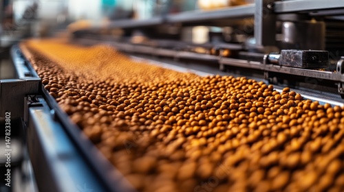 Close up of brown pellets on a conveyor belt in a production facility