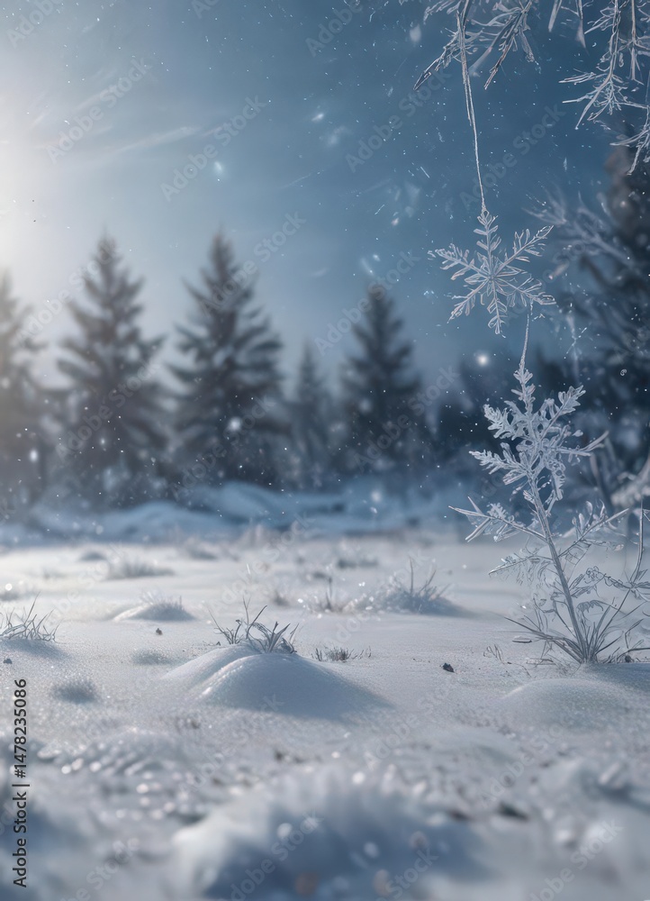 Fototapeta premium Frozen, crystalline scene; snowflakes gently falling against a frosted background , serene, winter background