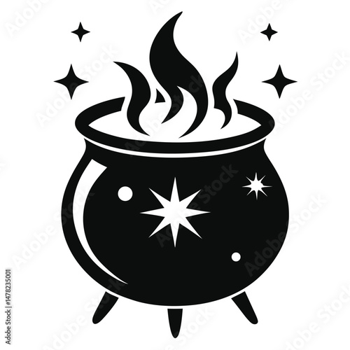 Black Cauldron with Flames and Stars, Festive Witchcraft Illustration for Halloween Design