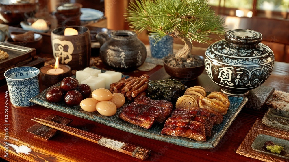 Oriental Food Display Rich, varied feast on wooden table Oriental Food Display Rich, varied feast on wooden table