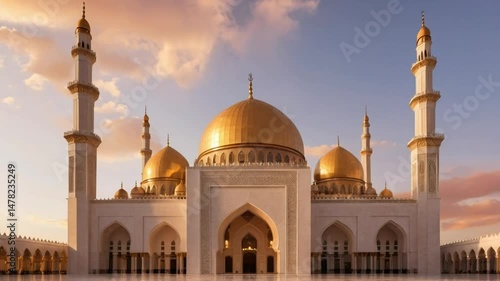 Majestic Architectural Structure with Golden Domes and Minarets at Sunset