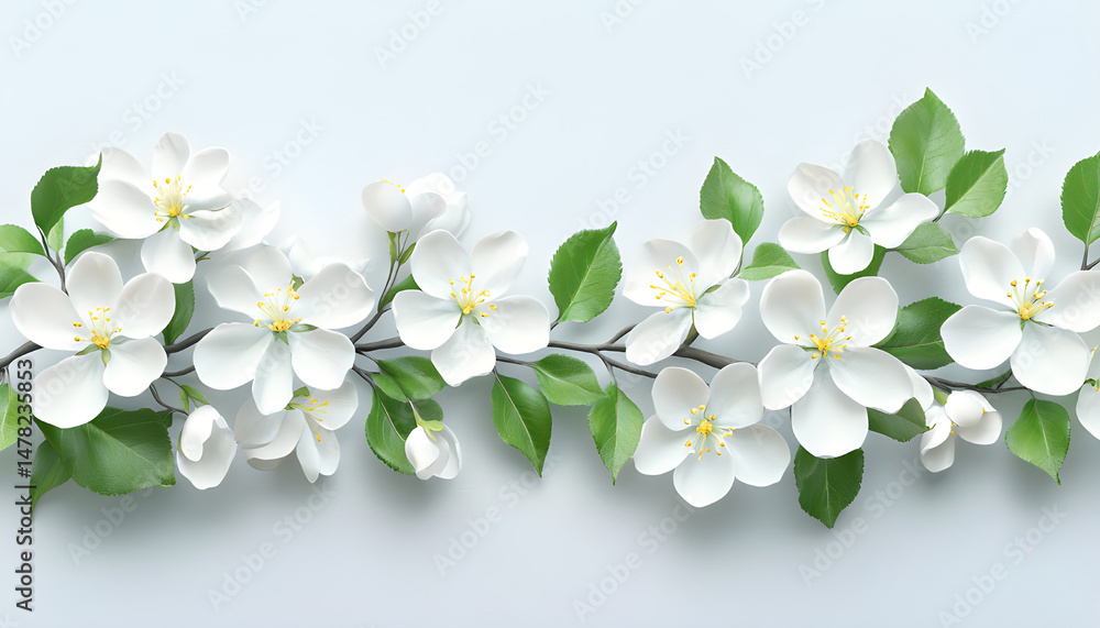 Fototapeta premium White blossoms and green leaves are arranged in a corner on a white background