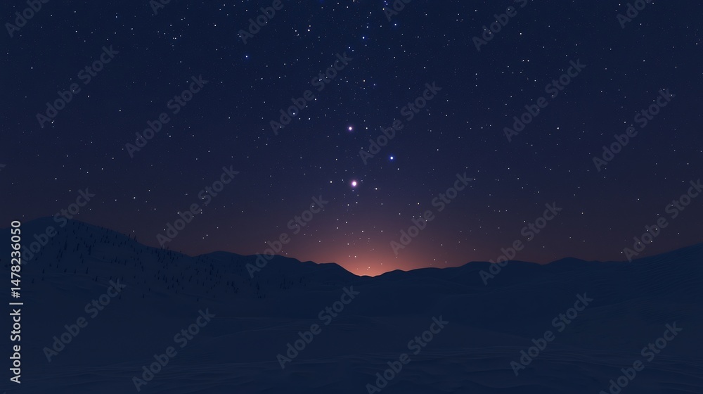 Naklejka premium Night Sky Desert Wallpaper With Shimmering Stars Over Soft Dunes Serene Minimal Horizon Glowing Ambient Light