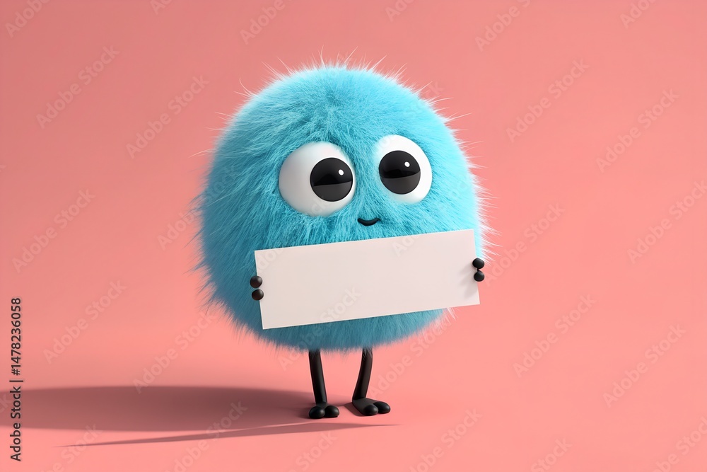 Obraz premium Cute blue furry monster holding a blank sign against a pink background