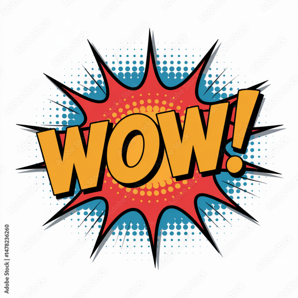 Wow comic book style explosion with bold yellow text and halftone background for pop art expression or promotional graphics
Wow comic book style explosion with bold yellow text and halftone background for pop art expression or promotional graphics