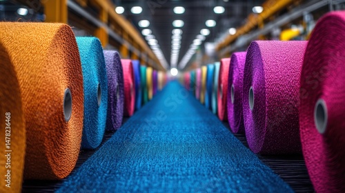 Colorful spools of thread in a textile factory setting