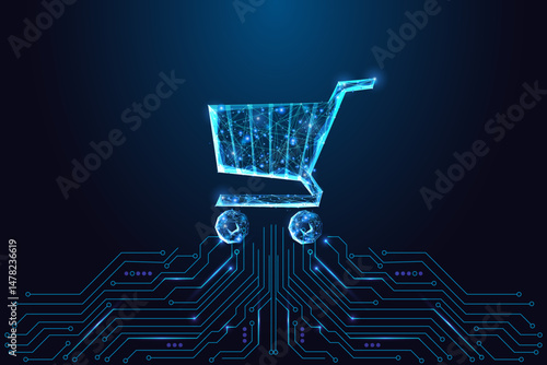 Smart retail and digital shopping concept with glowing cart and circuit board, vector illustration