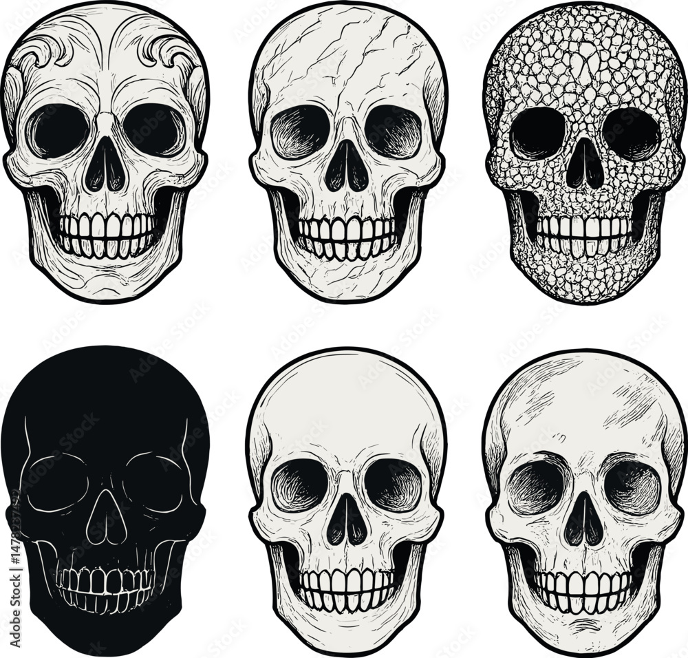 Elegant artistic skulls icons set – line, decorative and ornamental graphics Elegant artistic skulls icons set – line, decorative and ornamental graphics