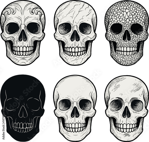 Elegant artistic skulls icons set – line, decorative and ornamental graphics