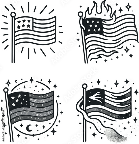 Fantasy american flags icons set – outline, patriotic and symbolic designs