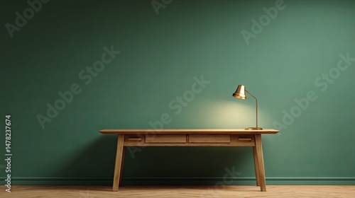 Wallpaper Mural Minimalist wooden desk with warm lighting, green wall background, and organized workspace with modern stationery, laptop, and decorative plants for a cozy, stylish office atmosphere. Torontodigital.ca