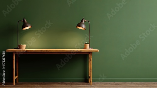 Wallpaper Mural Minimalist wooden desk with warm lighting, green wall background, and organized workspace with modern stationery, laptop, and decorative plants for a cozy, stylish office atmosphere. Torontodigital.ca