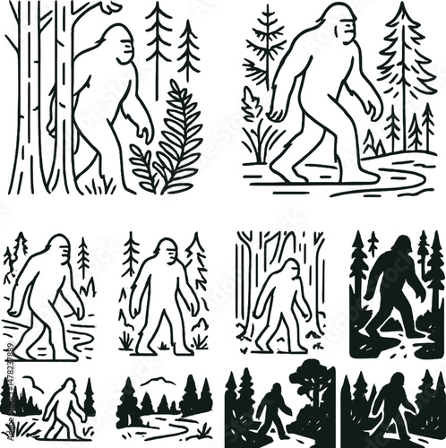 Bigfoot forest silhouette icons set – simple cryptid and mythical creature symbols