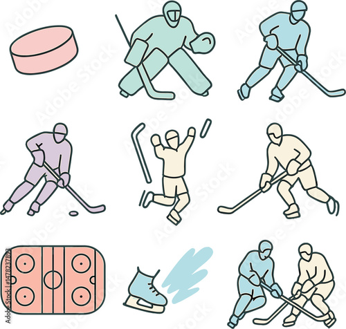 Hockey silhouettes icons set – pastel, sports and ice skating symbols