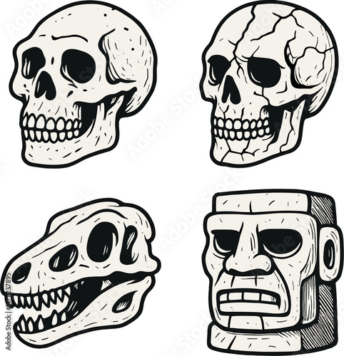 Ancient skulls icons set – outline, prehistoric and tribal designs