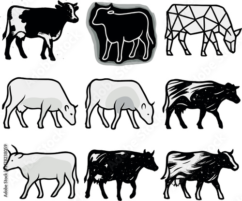 Cow silhouettes icons set – silhouette, bovine and abstract animal symbols