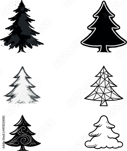 Abstract fir tree icons set – silhouette, minimal and simple nature symbols