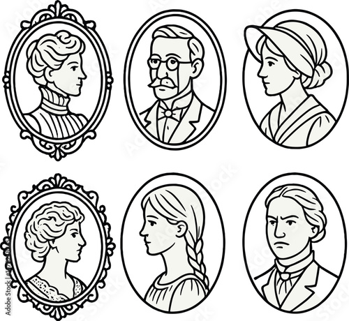 Victorian cameo portraits icons set – outline, historical profile and vintage silhouettes