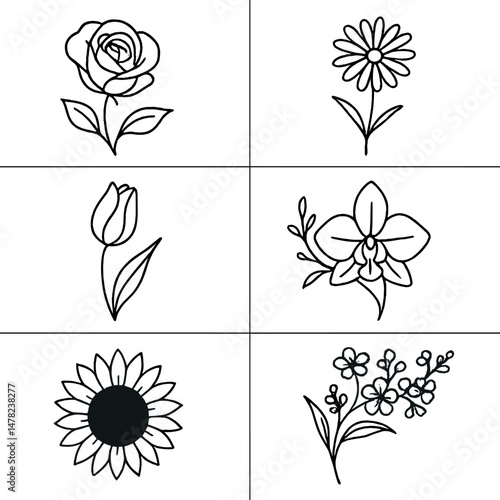 Floral silhouette icons set – elegant, simple, botanical art for creative projects