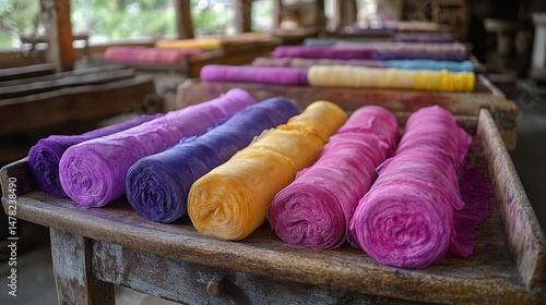 Vibrant rolled textiles in natural light with untouched rustic background